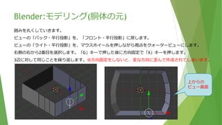Blender:モデリング(胴体の元)
ビューの「フロント・平行投影」を、「バック・平行投影」に変更してください。
前方向で作成した面が表示されているので、同じ間隔で「E」キーで押し出しを3回行います。
その際に方向固定するために「X」キーを押します。
囲みが作成できました。一旦、ファイル保存しましょう。
上からの
ビュー画面
 