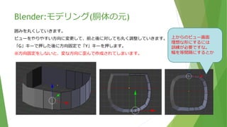 Blender:モデリング(胴体の元)
囲みを丸くしていきます。
ビューの「バック・平行投影」を、「フロント・平行投影」に戻します。
ビューの「ライト・平行投影」を、マウスホイールを押しながら視点をクォータービューにします。
右側の右から2番目を選択します。「G」キーで押した後に方向固定で「X」キーを押します。
3辺に対して同じことを繰り返します。※方向固定をしないと、変な方向に歪んで作成されてしまいます。
上からの
ビュー画面
 