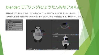 Blender:モデリング(胴体の元)
囲みを丸くしていきます。
ビューをやりやすい方向に変更して、前と後に対しても丸く調整していきます。
「G」キーで押した後に方向固定で「Y」キーを押します。
※方向固定をしないと、変な方向に歪んで作成されてしまいます。
上からのビュー画面
理想な形にするには
訓練が必要ですな。
幅を等間隔にするとか
 