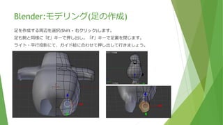 Blender:モデリング(腕の作成)
辺選択にして、消去した部分の周辺を選択(Shift + 右クリック)します。
「E」キーで押し出し、腕を作ります。
関節になりそうな部分は、後々動きの設定がしやすいように分割しておきます。
関節ごとに拡大縮小の「S」キーと移動の「G」キーと回転の「R」キーでガイド絵に合わせて調整します。
先端は周辺を選択(Shift + 右クリック)した後に「F」キーで押すことで閉じます。
 