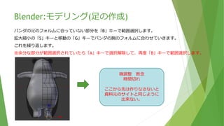 Blender:モデリング(足の作成)
足を作成する周辺を選択(Shift + 右クリック)します。
足も腕と同様に「E」キーで押し出し。「F」キーで足裏を閉じます。
関節ごとに拡大縮小の「S」キーと移動の「G」キーと回転の「R」キーでガイド絵に合わせて調整します。
 