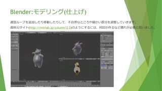 Blender:モデリング(耳の追加)
耳も腕と同じように、不要な面を「X」キー削除し「E」キー押し出します。「F」キーで面を閉じる。
パンダの耳のフォルムに合っていない部分を選択して、移動の「G」キーや回転の「R」キーで
各画面を見ながらガイド絵に合わせて調整します。
 