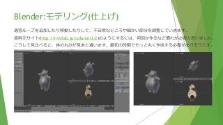 Blender:モデリング(仕上げ)
適宜ループを追加したり移動したりして、不自然なところや細かい部分を調整していきます。
資料元サイト(http://nvtrlab.jp/column/2-2)のようにするには、何回か作るなど慣れが必要と思いました。
こうして見比べると、体の丸みが見本と違います。最初の段階でもっと丸く作成する必要がありそうです。
 