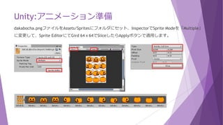 Unity:アニメーション準備
dakabocha.pngファイルをAssets/Spritesにフォルダにセット、InspectorでSprite Modeを「Multiple」
に変更して、Sprite EditorにてGird 64ｘ64でSliceしたらApplyボタンで適用します。
 