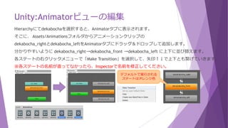 Unity:Animatorビューの編集
Hierarchyにてdekabochaを選択すると、Animatorタブに表示されます。
そこに、 Assets/Animationsフォルダからアニメーションクリップの
dekabocha_rightとdekabocha_leftをAnimatorタブにドラッグ＆ドロップして追加します。
分かりやすいように dekabocha_right→dekabocha_front →dekabocha_left に上下に並び替えます。
各ステートの右クリックメニューで「Make Transition」を選択して、矢印↑↓で上下とも繋げていきます。
※各ステートの名前が直ってなかったら、Inspectorで名前を修正してください。
デフォルトで実行される
ステートはオレンジ色
 