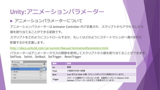 Unity:アニメーションパラメーター
 アニメーションパラメーターについて
アニメーションパラメーターは Animator Controller 内で定義され、スクリプトからアクセスしたり
値を割り当てることができる変数です。
スクリプトをどのようにコントロールするか、もしくはどのようにステートマシンの一連の流れに
影響するかを定義します。
http://docs.unity3d.com/ja/current/Manual/AnimationParameters.html
パラメーターはアニメータークラスの関数を使用してスクリプトから値を割り当てることができます。
SetFloat、SetInt、SetBool、SetTrigger、ResetTrigger
種類 説明
Int 整数
Float 小数部分を持つ数値
Bool true または false の値（チェックボックスで表現されています)
Trigger
ステートの遷移がトリガとなった時、自動的にリセット(false)になる
boolean パラメーター(丸ボタンで表現されています)
 