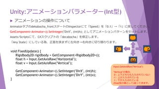 Unity:アニメーションパラメーター(Int型)
 Any Stateについて
現在どのステートにいるかに影響を受けることなく、特定のステートに遷移したい場合のために存在する。
Any Stateから各ステートの矢印(Transition)を設定し、条件(Conditions)を下記のように設定して下さい。
ちなみ、Any Stateの方向に矢印(Transition)は付きません。
 