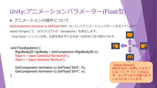 Unity:アニメーションパラメーター(Float型)
 アニメーションパラメーターの追加
Hierarchyの「dekabocha_front」を選択して、Animatorタブにする。
ParametersにてInt型の「DirX」と「DirY」を一旦削除して、Floatパラメータとして修正します。
各ステートの矢印(Transition)を選択し、条件(Conditions)を下記のように設定して下さい。
Floatには「Greater（＞ 大なり）」と「Less （＜ 小なり）」のみで「Equals」がありません。
back DirY Greater 0.1 front DirY Less -0.1
right DirX Greater 0.1 left DirX Less -0.1
 
