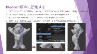 Blender:原点に設定する
5. オブジェクトモードに変更し、「G」キーで3Dモデルの中心を青線に合わせ、赤線の上に移動します。
6. オブジェクト→トランスフォーム→原点を3Dカーソルへ移動を選択します。
7. ビューの右(Numpad 3)にして、 3Dモデルの中心を青線に合わせます。
8. 再度、ビューの前(Numpad 1)にします。 これでボーンを入れる準備ができました。
 