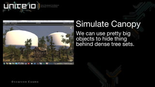We can use pretty big objects to hide thing behind dense tree sets. Simulate Canopy Occlusion Culling 