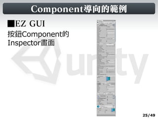 Component導向的範例
■EZ GUI
按鈕Component的
Inspector畫面




                     25/49
 