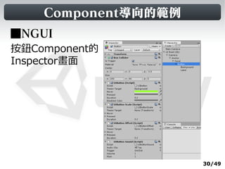 Component導向的範例
■NGUI
按鈕Component的
Inspector畫面




                     30/49
 