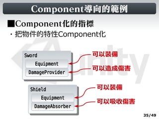 Component導向的範例
■Component化的指標
・把物件的特性Component化

  Sword
   Sword               可以裝備
       Equipment
                       可以造成傷害
   DamageProvider


    Shield
     Shield
                       可以裝備
        Equipment
                       可以吸收傷害
      DamageAbsorber
                                35/49
 