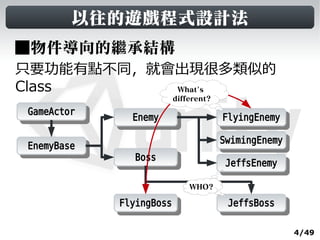 以往的遊戲程式設計法
■物件導向的繼承結構
只要功能有點不同，就會出現很多類似的
Class      What's
                        different?
GameActor
 GameActor     Enemy
                Enemy                FlyingEnemy
                                      FlyingEnemy
                                     SwimingEnemy
                                      SwimingEnemy
EnemyBase
 EnemyBase
                Boss
                 Boss                 JeffsEnemy
                                       JeffsEnemy
                            WHO?

             FlyingBoss
              FlyingBoss              JeffsBoss
                                       JeffsBoss

                                                     4/49
 