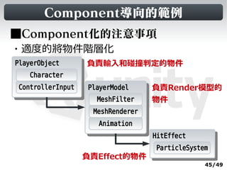 Component導向的範例
■Component化的注意事項
・適度的將物件階層化
PlayerObject
 PlayerObject      負責輸入和碰撞判定的物件
    Character
 ControllerInput   PlayerModel
                    PlayerModel    負責Render模型的
                      MeshFilter   物件
                    MeshRenderer
                      Animation
                                   HitEffect
                                    HitEffect
                                    ParticleSystem
                   負責Effect的物件
                                                 45/49
 