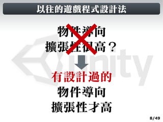 以往的遊戲程式設計法

 物件導向
擴張性很高？

 有設計過的
  物件導向
 擴張性才高
             8/49
 