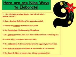 Here are are Nine Ways
to Elaborate!
1. Use Highly Descriptive Words: vivid adj.’s & adv.’s,
precise V’s & N’s.
2. Give a detailed Definition of the subject or detail.
3. Provide an Example that shows your point.
4. Use Comparison: Similes and/or Metaphors.
5. Use Contrast to show how your idea is different from something else.
6. Include a Fact to support your main idea.
7. Use a Statistic (a fact in numerical form) to support your main idea.
8. Use Sensory Details that appeals to one or more of the 5 senses.
9. Use Cause & Effect to explain how 1 thing causes another.
 