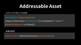 Addressable Asset
GameObject playerInstance;
player.Instantiate<GameObject>().Completed += (op) =>
{playerInstance = op.Result;}
オブジェクトのロード＆生成
Addressables.ReleaseInstance(playerInstance);
破棄＆開放
 