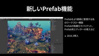新しいPrefab機能
Prefabをより柔軟に管理する為
のワークフロー構築 
Prefabの階層化やバリアント、 
Prefab用エディターの導入など
• 2018.3導入
 