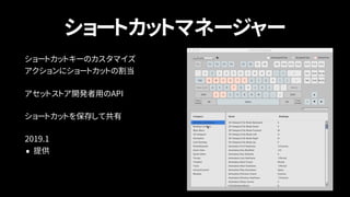 ショートカットマネージャー
ショートカットキーのカスタマイズ 
アクションにショートカットの割当
アセットストア開発者用のAPI
ショートカットを保存して共有
2019.1
• 提供
 