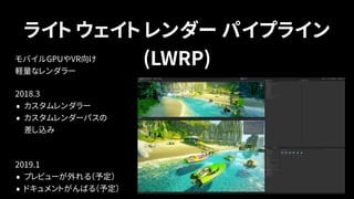 ライト ウェイト レンダー パイプライン
(LWRP)モバイルGPUやVR向け 
軽量なレンダラー
2018.3
• カスタムレンダラー
• カスタムレンダーパスの 
差し込み
 
2019.1
• プレビューが外れる（予定）
• ドキュメントがんばる（予定）
 