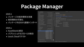 Package Manager
2019.1
• パッケージの依存関係を改善
• 依存関係の可視化
• パッケージをGitから直接インポート
2019.x
• AssetStoreと統合
• パブリッシュするフローとの統合
• Local、Cloudでテスト
 