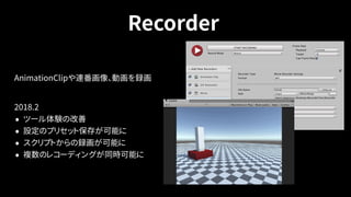 Recorder
AnimationClipや連番画像、動画を録画
 
2018.2
• ツール体験の改善
• 設定のプリセット保存が可能に
• スクリプトからの録画が可能に
• 複数のレコーディングが同時可能に
 