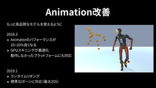 Animation改善
もっと高品質なモデルを使えるように
2018.3
• Animatorのパフォーマンスが 
10~20%良くなる
• GPUスキニングが最適化 
動作しなかったプラットフォームにも対応
 
2019.1
• ランタイムリギング
• 標準32ボーンに対応（最大255）
 
