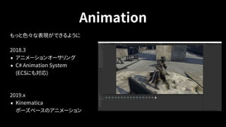 Animation
もっと色々な表現ができるように
2018.3
• アニメーションオーサリング
• C# Animation System 
(ECSにも対応)
 
2019.x
• Kinematica 
ポーズベースのアニメーション
 