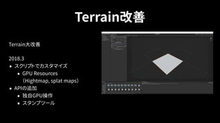 Terrain改善
Terrain大改善
2018.3
• スクリプトでカスタマイズ
• GPU Resources 
（Hightmap, splat maps）
• APIの追加
• 独自GPU操作
• スタンプツール
 
