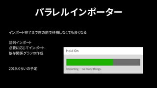 パラレルインポーター
Hold On
Importing … so many things.
インポート完了まで席の前で待機しなくても良くなる
並列インポート 
必要に応じてインポート 
依存関係グラフの作成
 
2019.ぐらいの予定
 