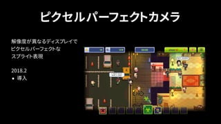ピクセルパーフェクトカメラ
解像度が異なるディスプレイで 
ピクセルパーフェクトな 
スプライト表現
2018.2
• 導入
 