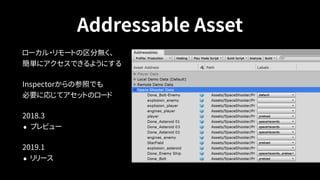 Addressable Asset
ローカル・リモートの区分無く、 
簡単にアクセスできるようにする
Inspectorからの参照でも 
必要に応じてアセットのロード
2018.3
• プレビュー
2019.1
• リリース
 