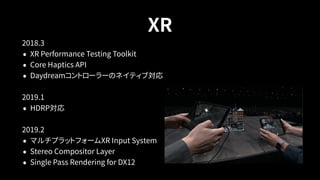 XR
2018.3
• XR Performance Testing Toolkit
• Core Haptics API
• Daydreamコントローラーのネイティブ対応
2019.1
• HDRP対応
2019.2
• マルチプラットフォームXR Input System
• Stereo Compositor Layer
• Single Pass Rendering for DX12
 