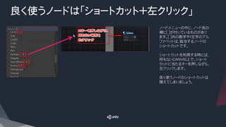 良く使うノードは「ショートカット＋左クリック」
ノードメニューの中に、ノード名の
横に[ ]が付いているものがあり
ます。[ ]内の数字や１文字のアル
ファベットは、該当するノードの
ショートカットです。
ショートカットを利用する時には、
何もないCANVAS上で、ショート
カットに当たるキーを押しながら、
左クリックします。
良く使うノードのショートカットは
憶えてしまいましょう。
 