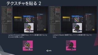 テクスチャを貼る 2
Lambert/Emissionに接続すると、ライトの影響を受けなくな
る（Unlitの状態になる）。
Lambert/Albedoに接続すると、ライトの影響を受けるように
なる。
 