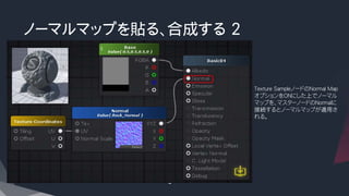 ノーマルマップを貼る、合成する 2
Texture SampleノードのNormal Map
オプションをONにした上でノーマル
マップを、マスターノードのNormalに
接続するとノーマルマップが適用さ
れる。
 