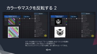 カラーやマスクを反転する 2
カラーや白黒のマスクなど、「０～１」の範囲にあるベクトルや色調を
反転させる際に、One Minusノードを使用する。
特にカスタムライティングをする際に、良く使われるノードである。
 