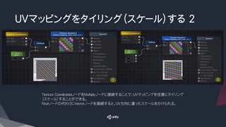 ＵＶマッピングをタイリング（スケール）する 2
Texture CoordinatesノードをMultiplyノードに接続することで、ＵＶマッピングを任意にタイリング
（スケール）することができる。
Floatノードの代わりにVectorノードを接続すると、UV方向に違ったスケールをかけられる。
 
