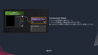 Component Mask
ベクトルの各要素を分解するノード。
ベクトルの各要素から数値を取り出すのに使う。
他、ColorからXY要素（UV要素）のみを取り出すのに使用したりする。
 