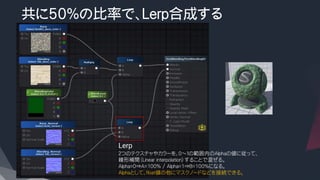 共に50%の比率で、Lerp合成する
Lerp
２つのテクスチャやカラーを、０～１の範囲内のAlphaの値に従って、
線形補間（Linear interpolation）することで混ぜる。
Alpha=0⇒A=100% / Alpha=1⇒B=100%になる。
Alphaとして、float値の他にマスクノードなどを接続できる。
 