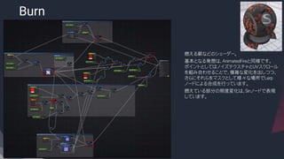 Burn
​燃える薪などのシェーダー。
​基本となる発想は、AnimatedFireと同様です。
ポイントとしてはノイズテクスチャとUVスクロール
を組み合わせることで、複雑な変化を出しつつ、
さらにそれらをマスクとして様々な場所でLerp
ノードによる合成を行っています。
​燃えている部分の照度変化は、Sinノードで表現
しています。
 