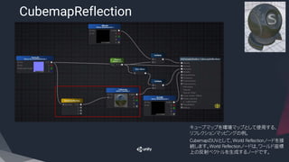 CubemapReflection
​キューブマップを環境マップとして使用する、
リフレクションマッピングの例。
​CubemapのUVとして、World Reflectionノードを接
続します。World Reflectionノードは、ワールド座標
上の反射ベクトルを生成するノードです。
 