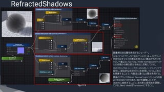 ​質量感のある闇を表現するシェーダー。
​大きく３つのブロックに別れているが、各々のブロック
が作り出すマスクの意味を考えると構成がわかりや
すい。一番上のブロックは、World NormalとViewベクト
ルの内積から縁の部分を検出し反転している。
​中のブロックは、シーンカラーのUVをノーマルマップで
変形し、疑似的な屈折ガラスを表現している。これら
を乗算することで、内側ほど濃くなる闇を表現する。
​最後のブロックはWorld NormalとLightベクトルの内積
より光の当たり方を求め、強さを調整した上で、
Opacityに接続することで、落ち影の透明度を調整し
ている。Blend ModelはTranslucentにすること。
RefractedShadows
 