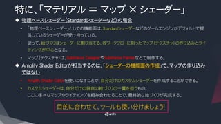 特に、「マテリアル ＝ マップ × シェーダー」
u 物理ベースシェーダー（Ｓｔａｎｄａｒｄシェーダーなど）の場合
• 「物理ベースシェーダー」としての機能面は、Ｓｔａｎｄａｒｄシェーダーなどのゲームエンジンがデフォルトで提
供しているシェーダーが受け持っている。
• 従って、絵づくりはシェーダーに割り当てる、各ワークフローに則ったマップ（テクスチャ）の作り込みとライ
ティングが中心となる。
• マップ（テクスチャ）は、Substance DesignerやSubstance Painterなどで制作する。
u Amplify Shader Editorが担当するのは、「シェーダーの機能面の作成」で、マップの作り込み
ではない
• Amplify Shader Editorを使いこなすことで、自分だけのカスタムシェーダーを作成することができる。
• カスタムシェーダーは、自分だけの独自の絵づくりの一翼を担うもの。
ここに様々なマップやライティングを組み合わせることで、最終的な絵づくりが完成する。
目的に合わせて、ツールも使い分けましょう！
 
