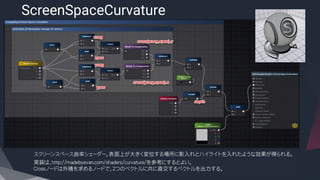 ​スクリーンスペース曲率シェーダー。表面上が大きく変位する場所に影入れとハイライトを入れたような効果が得られる。
​実装は、http://madebyevan.com/shaders/curvature/を参考にするとよい。
Crossノードは外積を求めるノードで、２つのベクトルに共に直交するベクトルを出力する。
ScreenSpaceCurvature
 