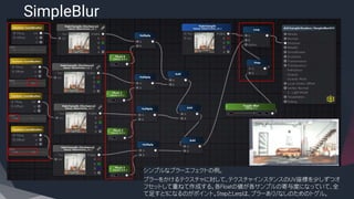 SimpleBlur
​シンプルなブラーエフェクトの例。
​ブラーをかけるテクスチャに対して、テクスチャインスタンスのUV座標を少しずつオ
フセットして重ねて作成する。各Floatの値が各サンプルの寄与度になっていて、全
て足すと１になるのがポイント。StepとLerpは、ブラーあり/なしのためのトグル。
 