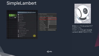 SimpleLambert
​本当にシンプルなＬａｍｂｅｒｔモデ
ルのサンプル。
マスターノードのLight Modelを
Lambertに設定するだけです。
 