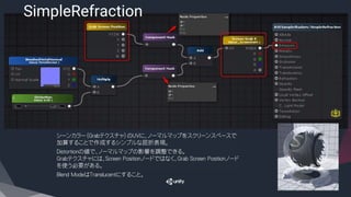 SimpleRefraction
​シーンカラー（Grabテクスチャ）のUVに、ノーマルマップをスクリーンスペースで
加算することで作成するシンプルな屈折表現。
​Distortionの値で、ノーマルマップの影響を調整できる。
Grabテクスチャには、Screen Positionノードではなく、Grab Screen Positionノード
を使う必要がある。
​Blend ModeはTranslucentにすること。
 