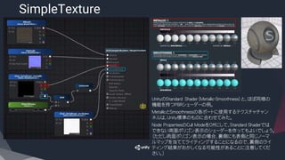 SimpleTexture
​UnityのＳｔａｎｄａｒｄ Ｓｈａｄｅｒ（Metallic-Smoothness）と、ほぼ同様の
機能を持つPBRシェーダーの例。
​MetallicとＳｍｏｏｔｈｎｅｓｓの各ポートに使用するテクスチャチャン
ネルは、Ｕｎｉｔｙ標準のものに合わせてみた。
​Ｎｏｄｅ PropertiesのCull ModeをOffにして、Ｓｔａｎｄａｒｄ Shaderでは
できない両面ポリゴン表示のシェーダーを作ってもよいでしょう。
（ただし両面ポリゴン表示の場合、裏側にも表側と同じノーマ
ルマップを当ててライティングすることになるので、裏側のライ
ティング結果がおかしくなる可能性があることに注意してくだ
さい。）
 
